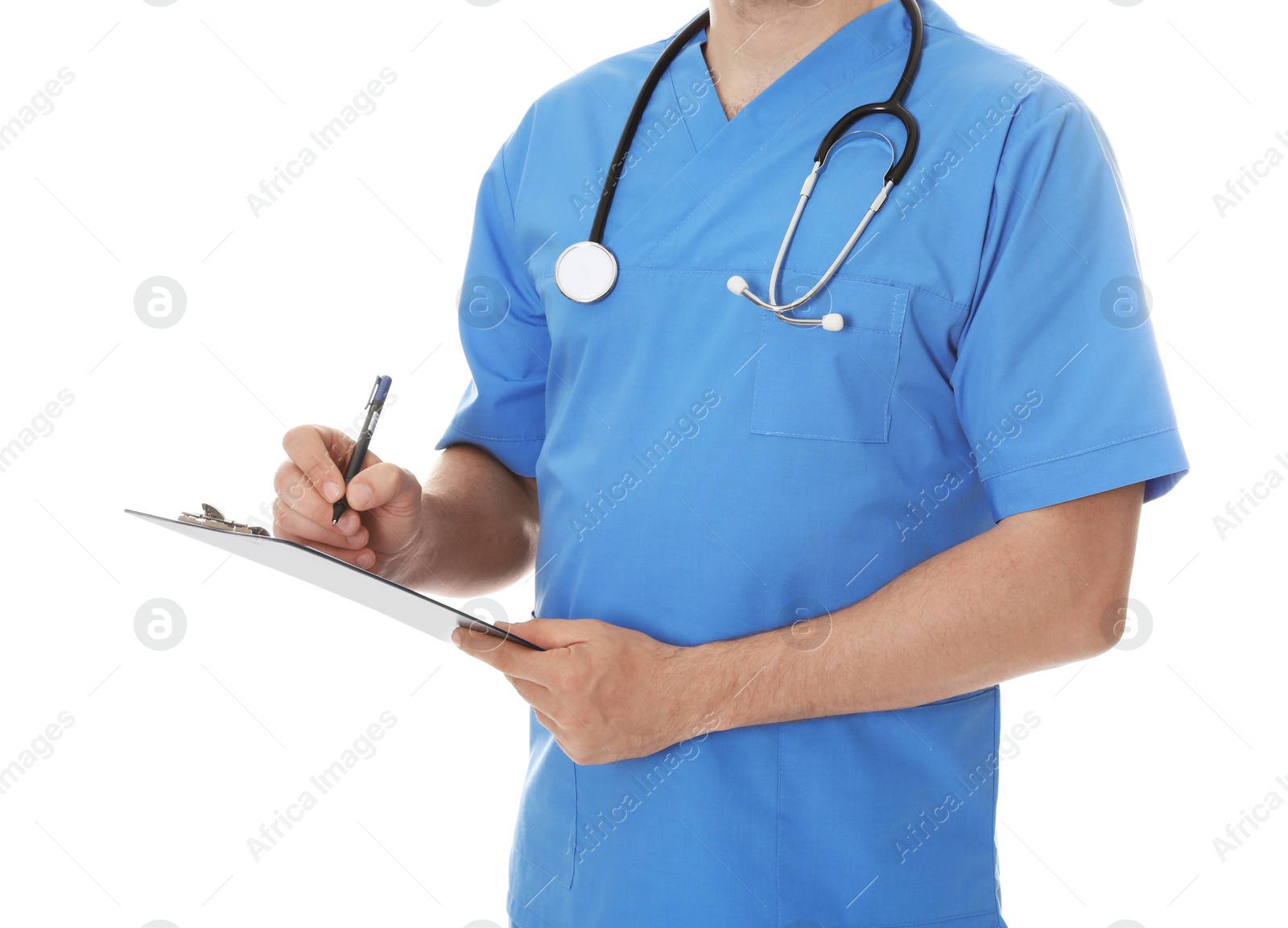 Photo of Closeup of male doctor in scrubs with stethoscope and clipboard isolated on white. Medical staff