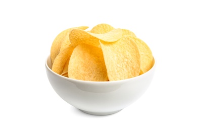 Photo of Bowl of tasty crispy potato chips on white background