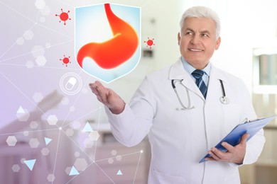 Image of Gastroenterologist demonstrating virtual image of stomach protected from viruses indoors