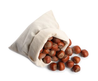 Photo of Overturned sack with tasty organic hazelnuts on white background, top view