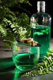 Absinthe in glass, spoon with brown sugar cubes and fern leaves on gray table, closeup. Alcoholic drink