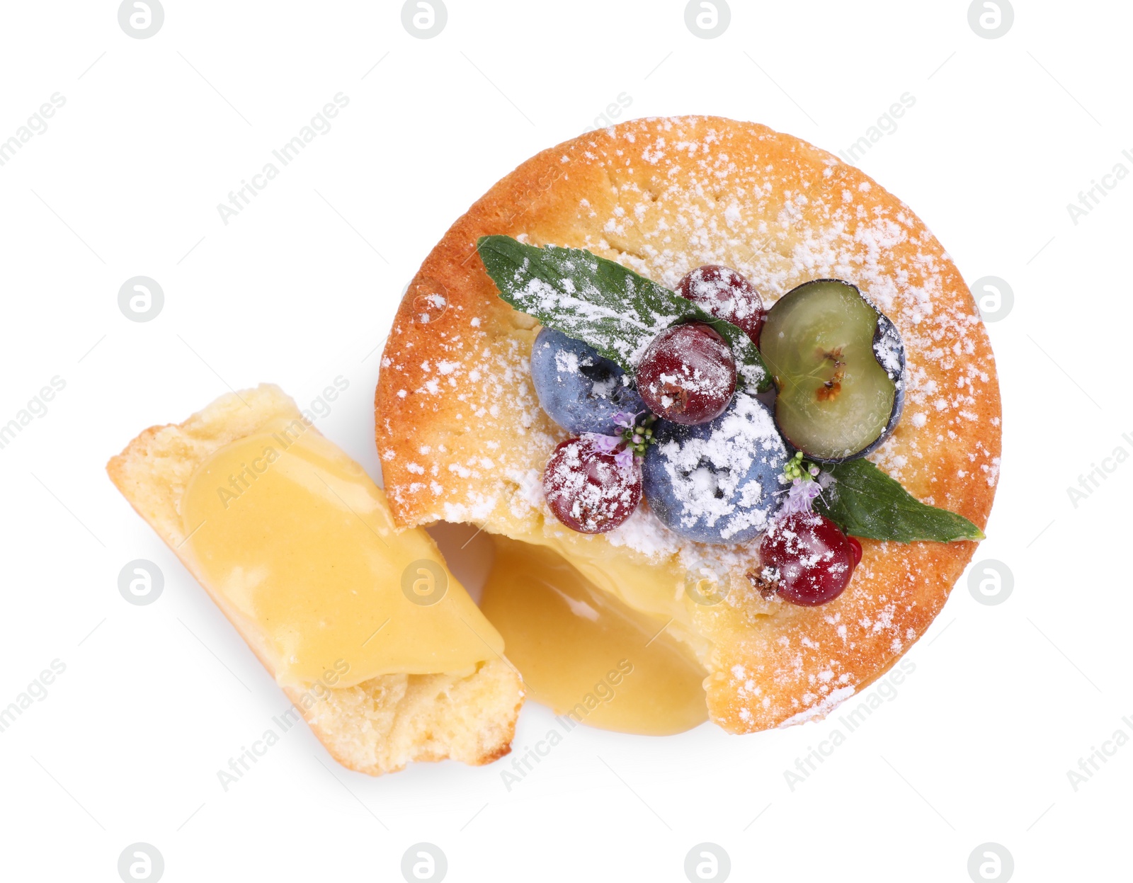 Photo of Tasty vanilla fondant with white chocolate and berries isolated on white, top view