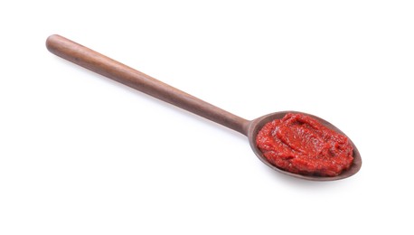 Wooden spoon of tasty tomato paste isolated on white