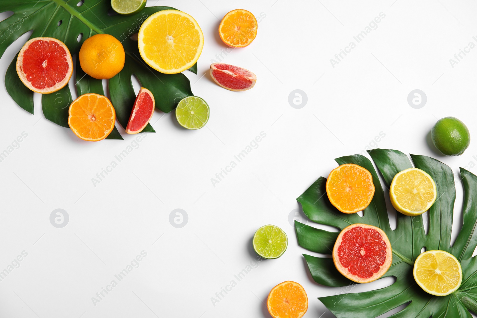 Photo of Different citrus fruits on white background, flat lay. Space for text