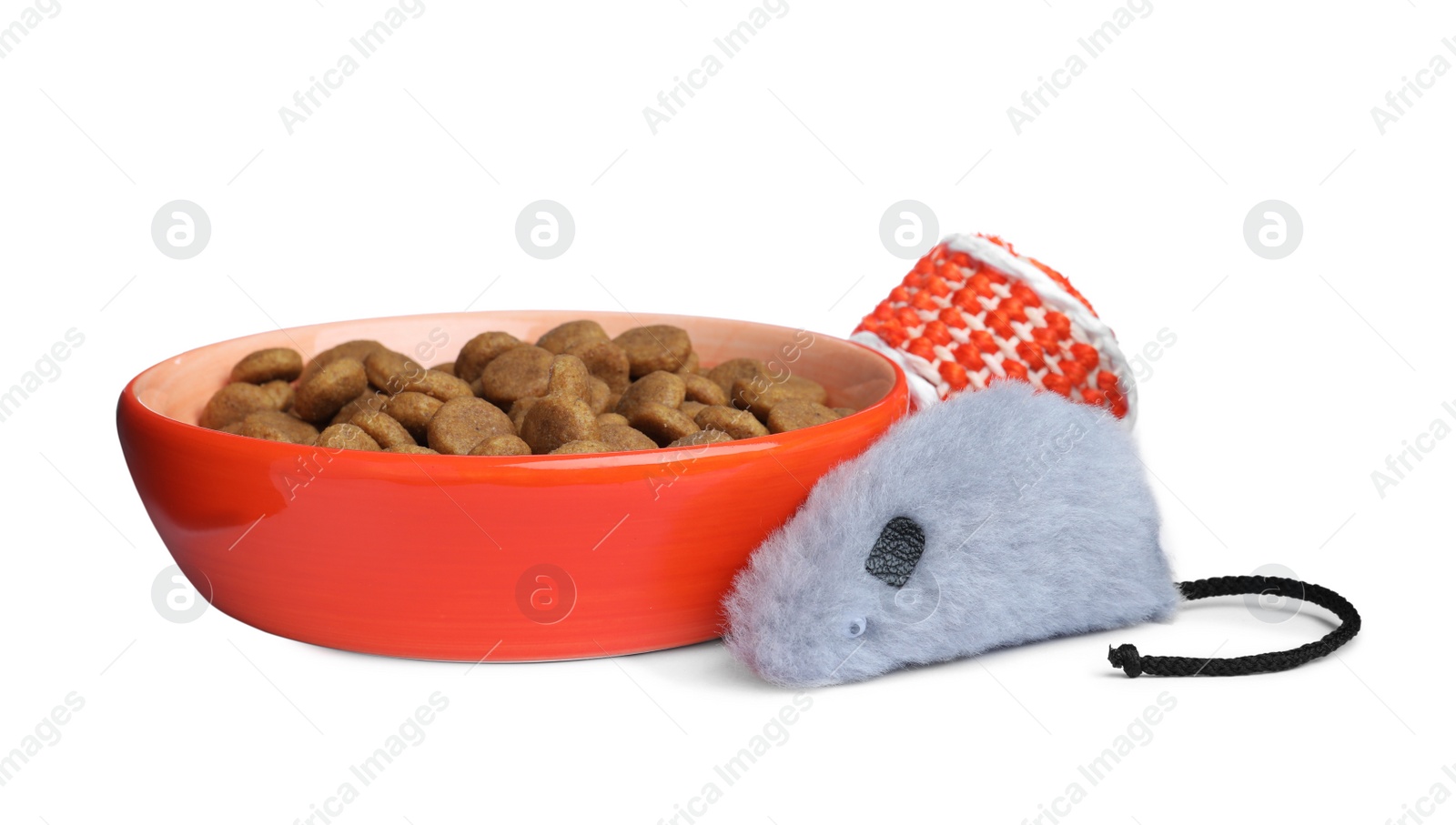 Photo of Feeding bowl and toys for pet on white background