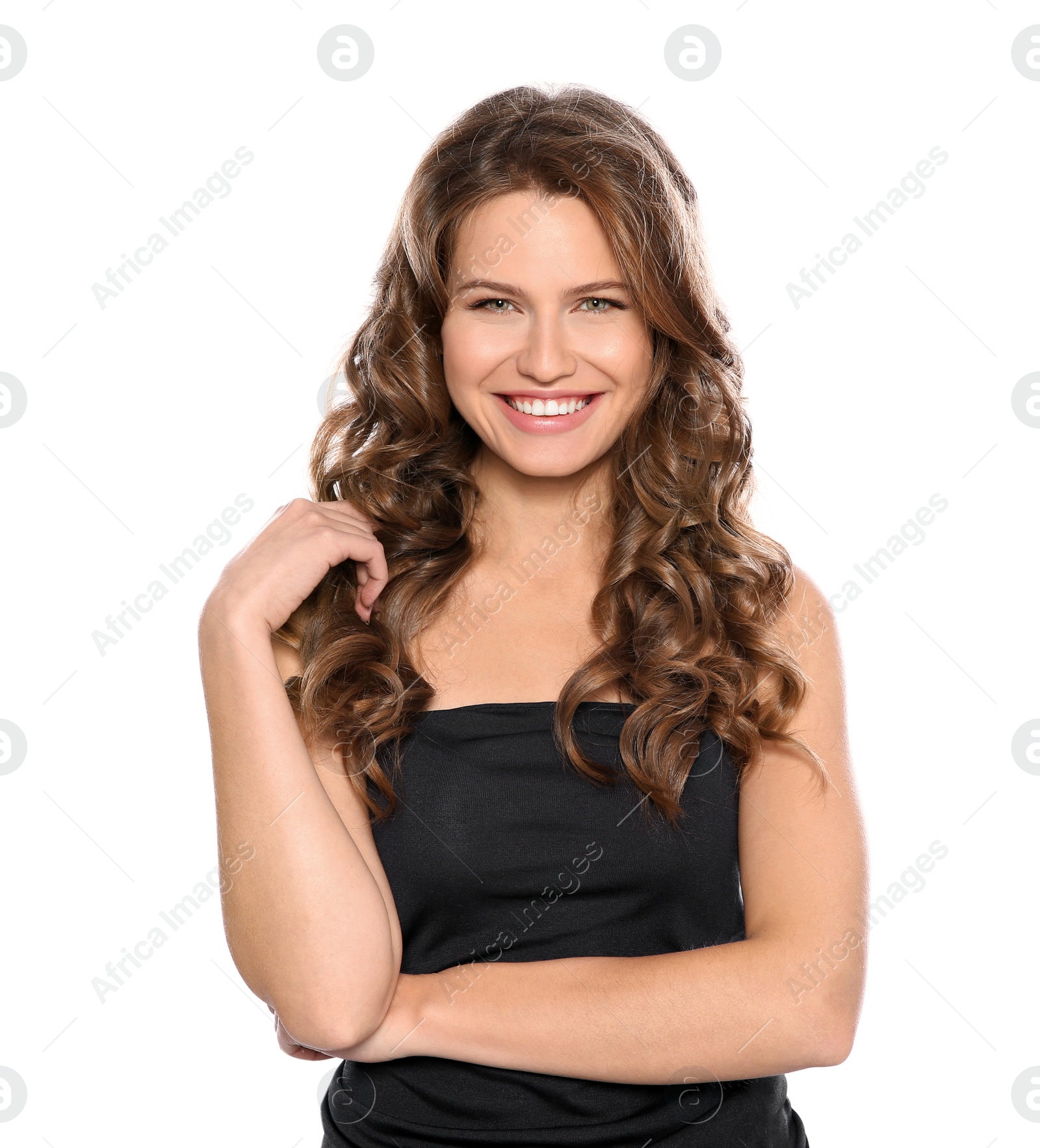 Photo of Portrait of beautiful young woman with shiny wavy hair on white background