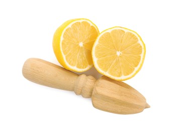 Photo of Wooden citrus reamer and fresh lemon on white background, top view