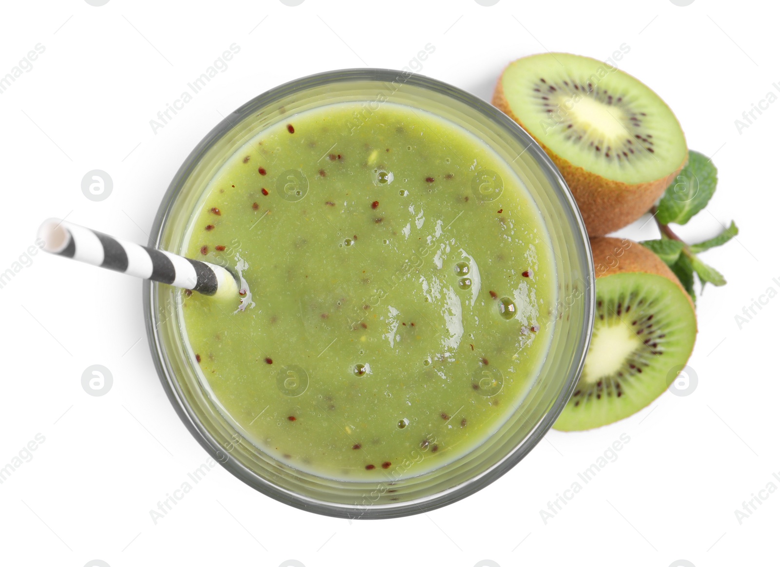 Photo of Delicious kiwi smoothie and fresh fruits on white background, top view