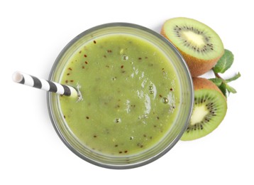 Photo of Delicious kiwi smoothie and fresh fruits on white background, top view