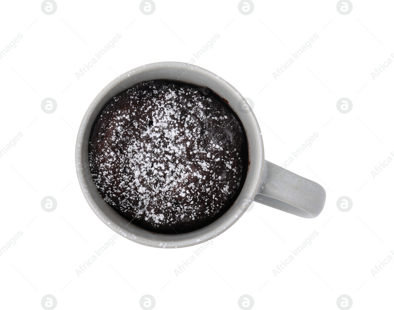 Photo of Tasty chocolate mug pie isolated on white, top view. Microwave cake recipe