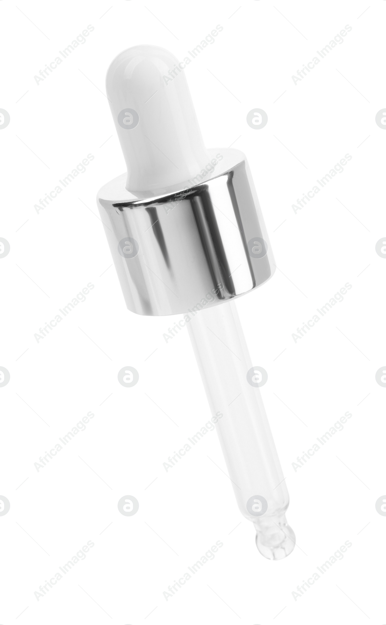 Photo of One pipette with drop of tincture isolated on white