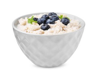 Delicious barley porridge with blueberries and mint in bowl isolated on white