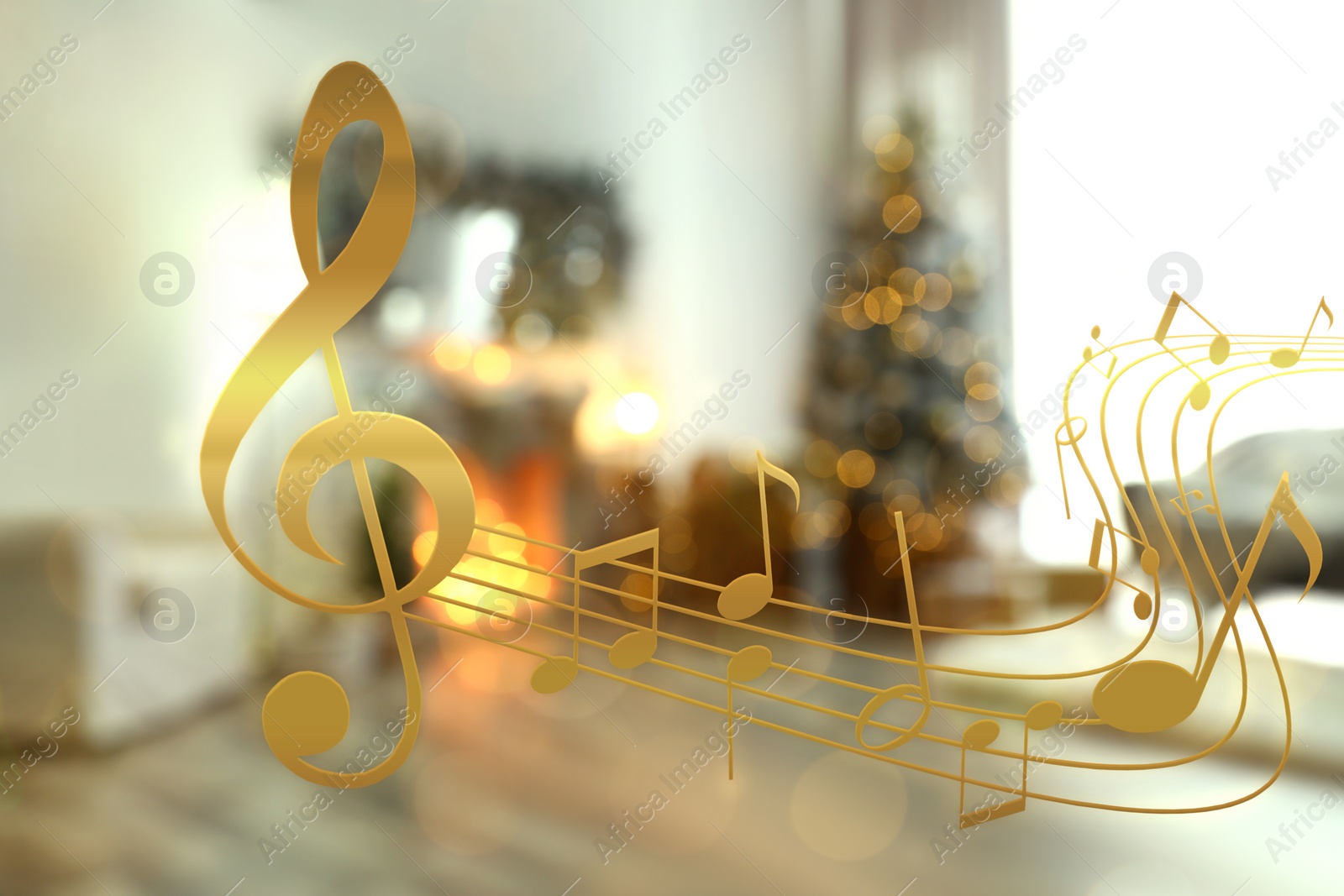 Image of Music notes and blurred view of room decorated for Christmas and New Year celebration, bokeh effect