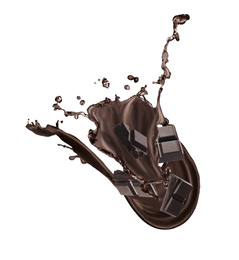 Image of Yummy melted chocolate and falling pieces on white background