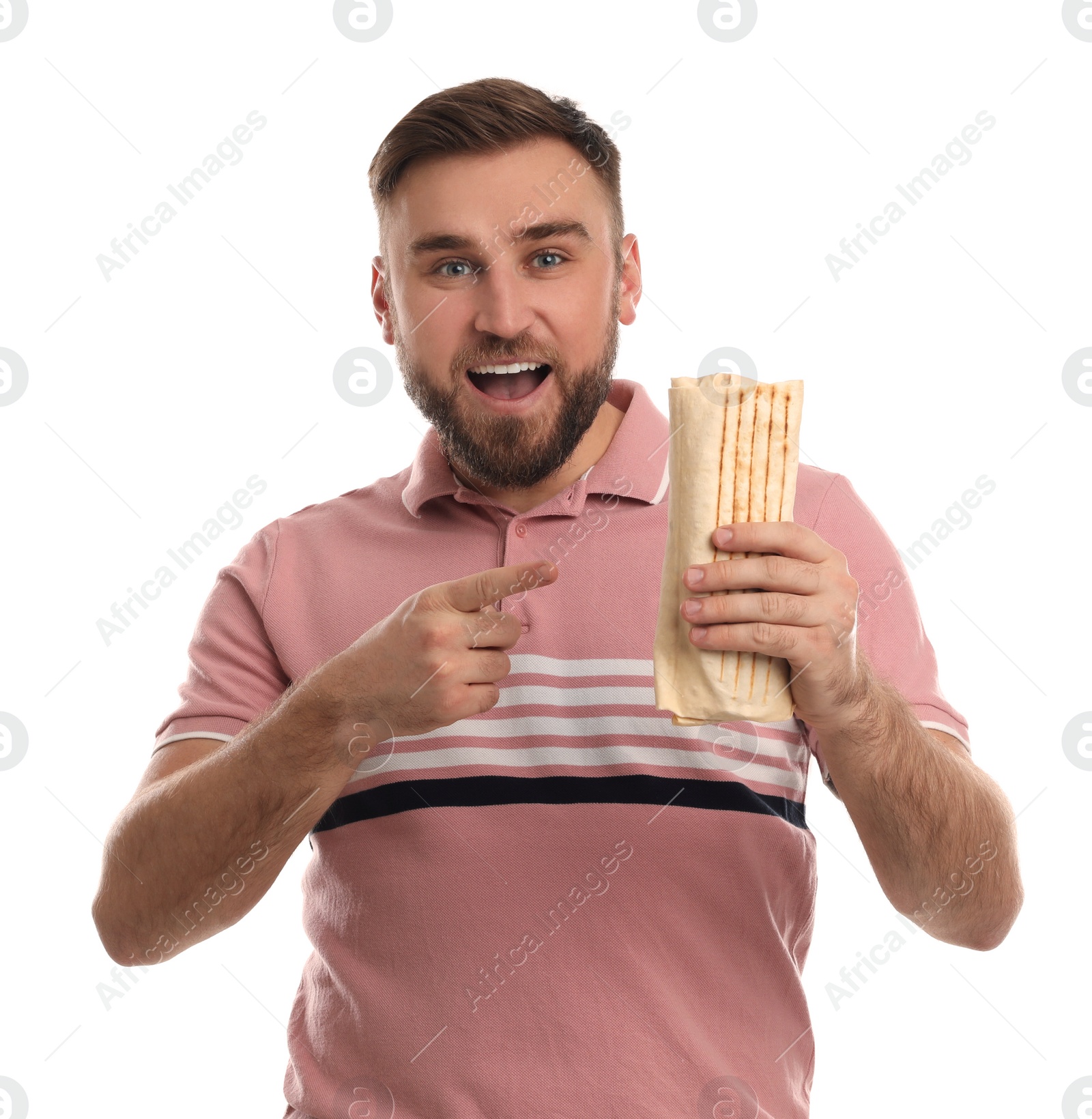 Photo of Excited young man with delicious shawarma on white background