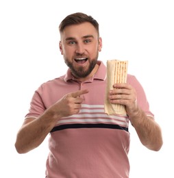 Photo of Excited young man with delicious shawarma on white background
