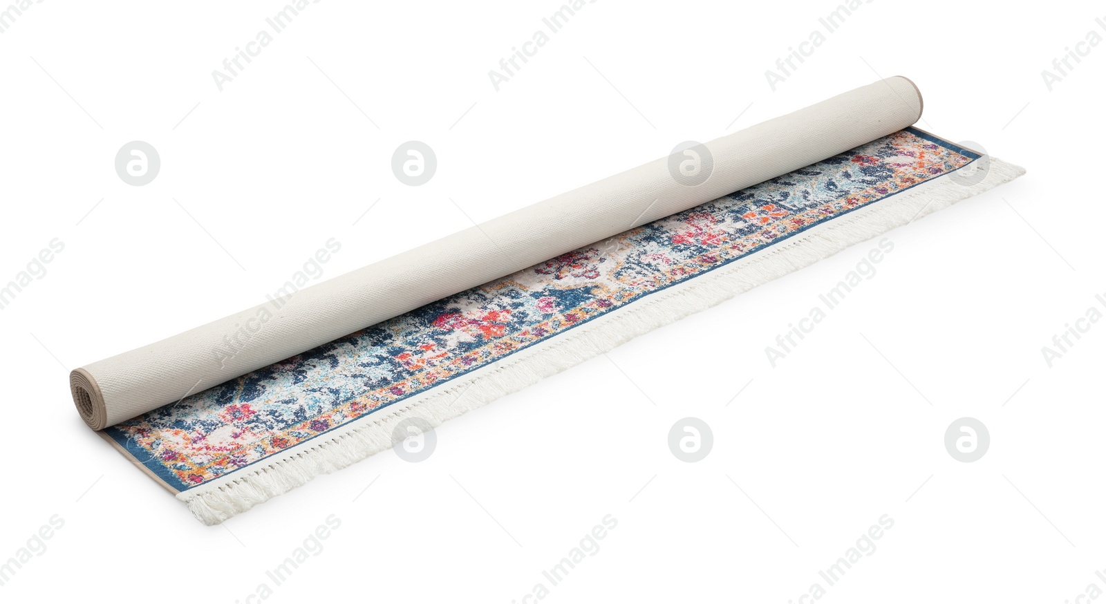 Photo of Rolled carpet with pattern on white background. Interior element