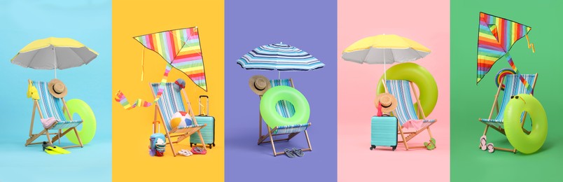 Image of Deck chair and beach accessories, set with different color backgrounds