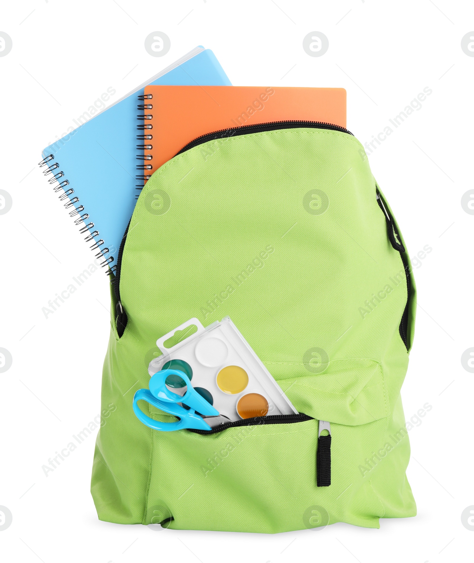 Photo of Many different school stationery in backpack isolated on white