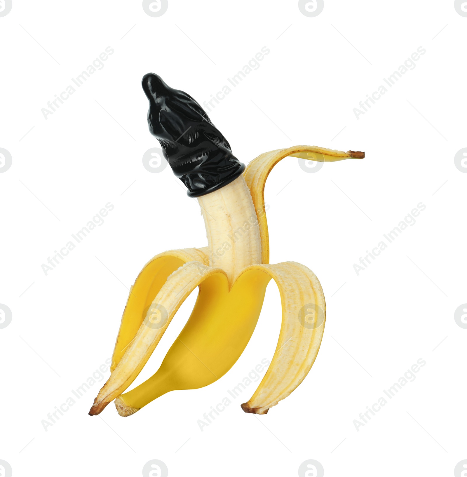 Photo of Banana with condom isolated on white. Safe sex concept