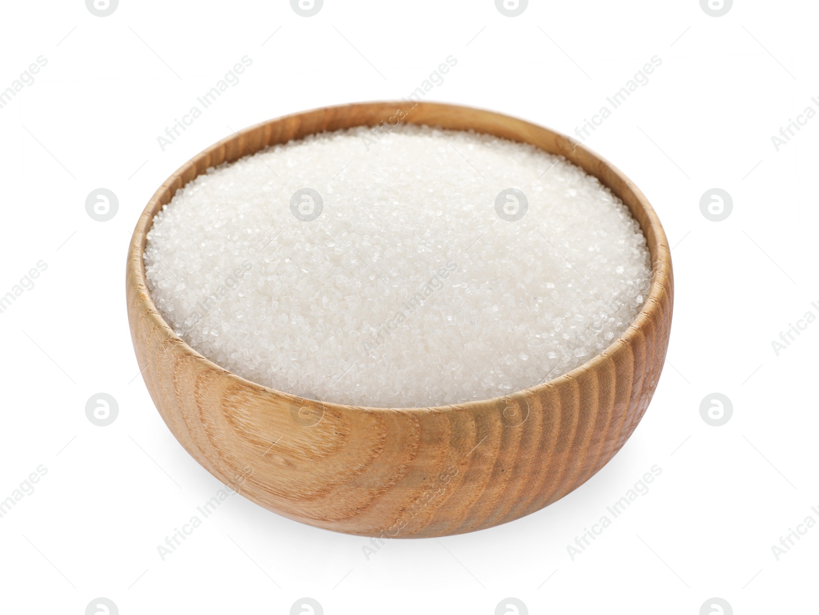 Photo of Granulated sugar in wooden bowl isolated on white