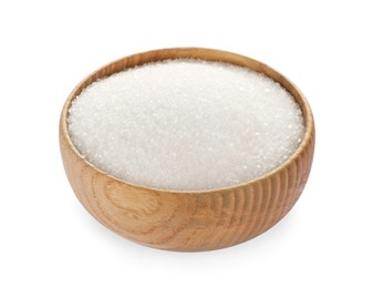 Photo of Granulated sugar in wooden bowl isolated on white