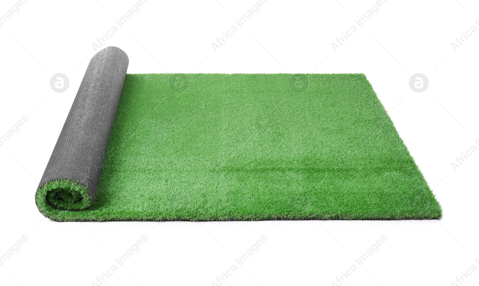 Photo of Rolled artificial grass carpet on white background. Exterior element