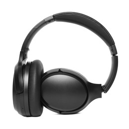 Modern black wireless headphones isolated on white