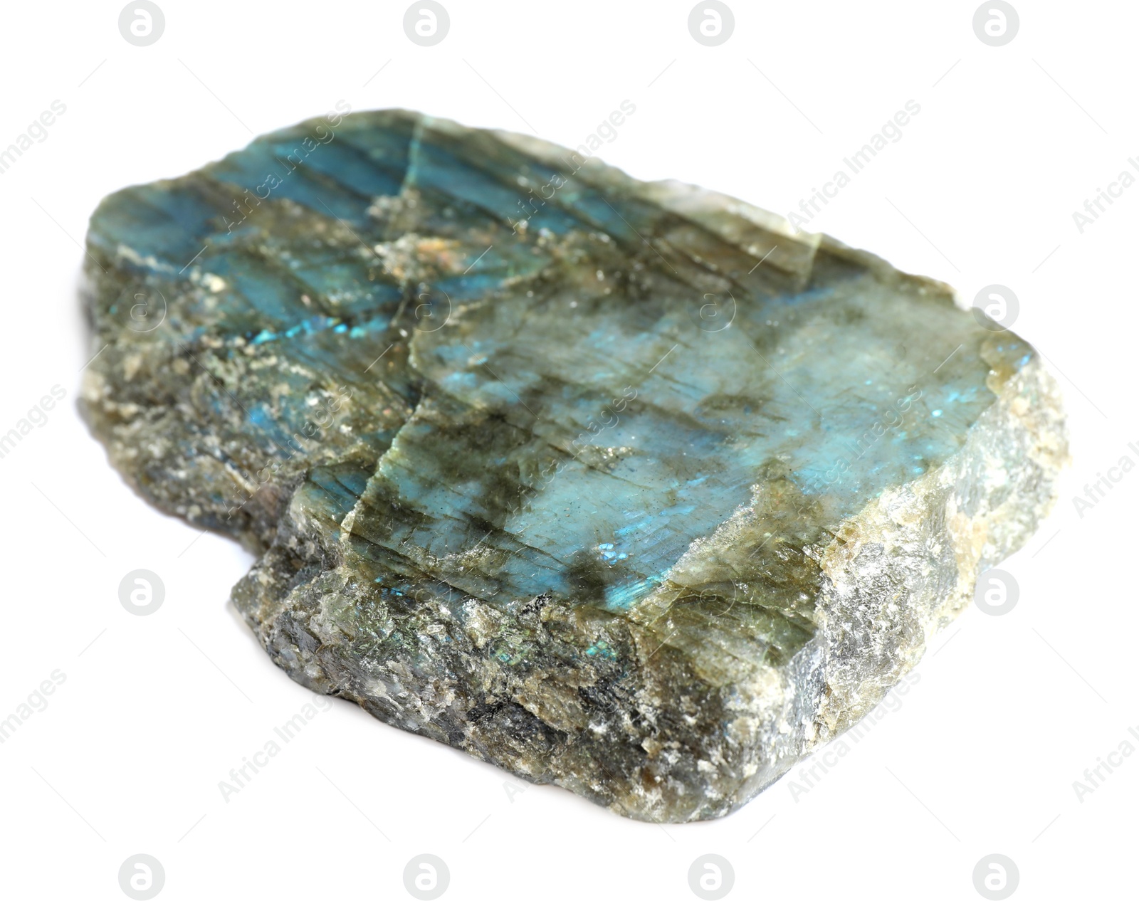 Photo of Beautiful shiny labradorite gemstone on white background