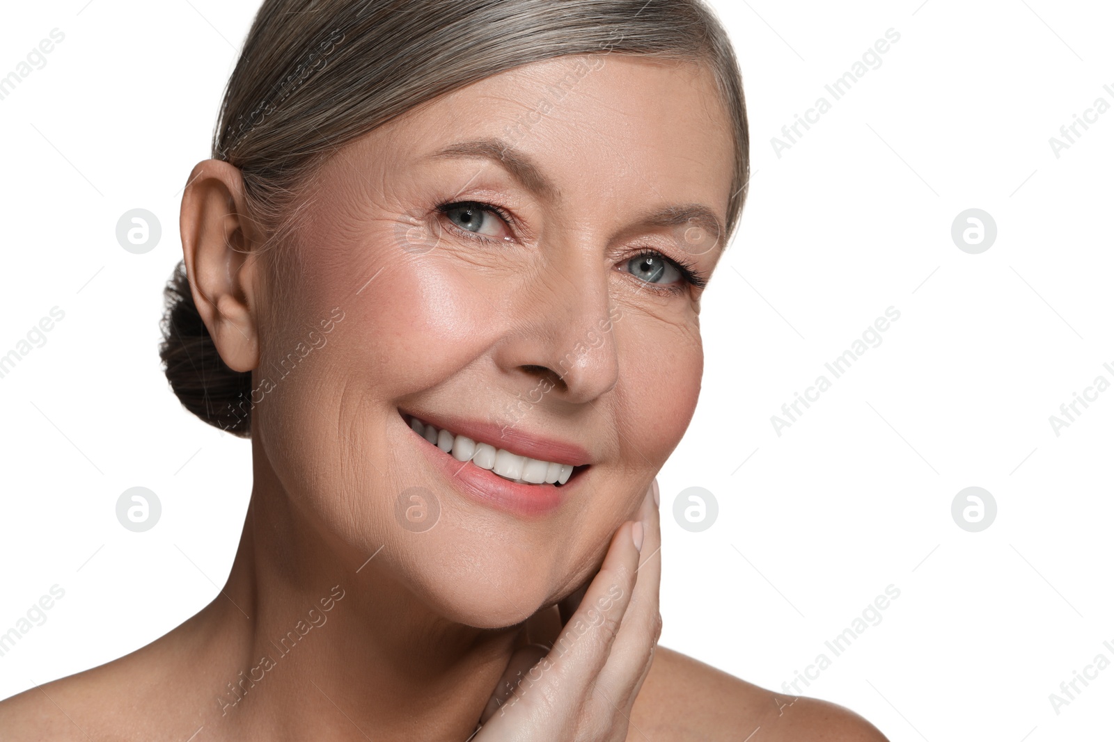 Photo of Beautiful mature woman with healthy skin on white background