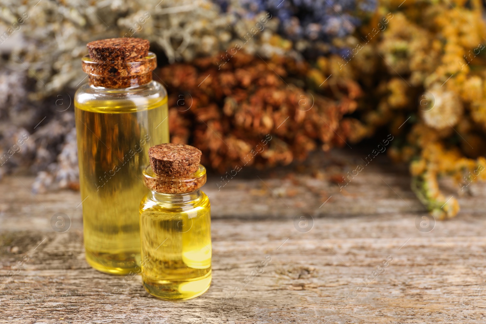 Photo of Bottles of essential oils and many different dry herbs on wooden table, closeup. Space for text