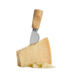 Piece of Parmesan cheese and knife on white background