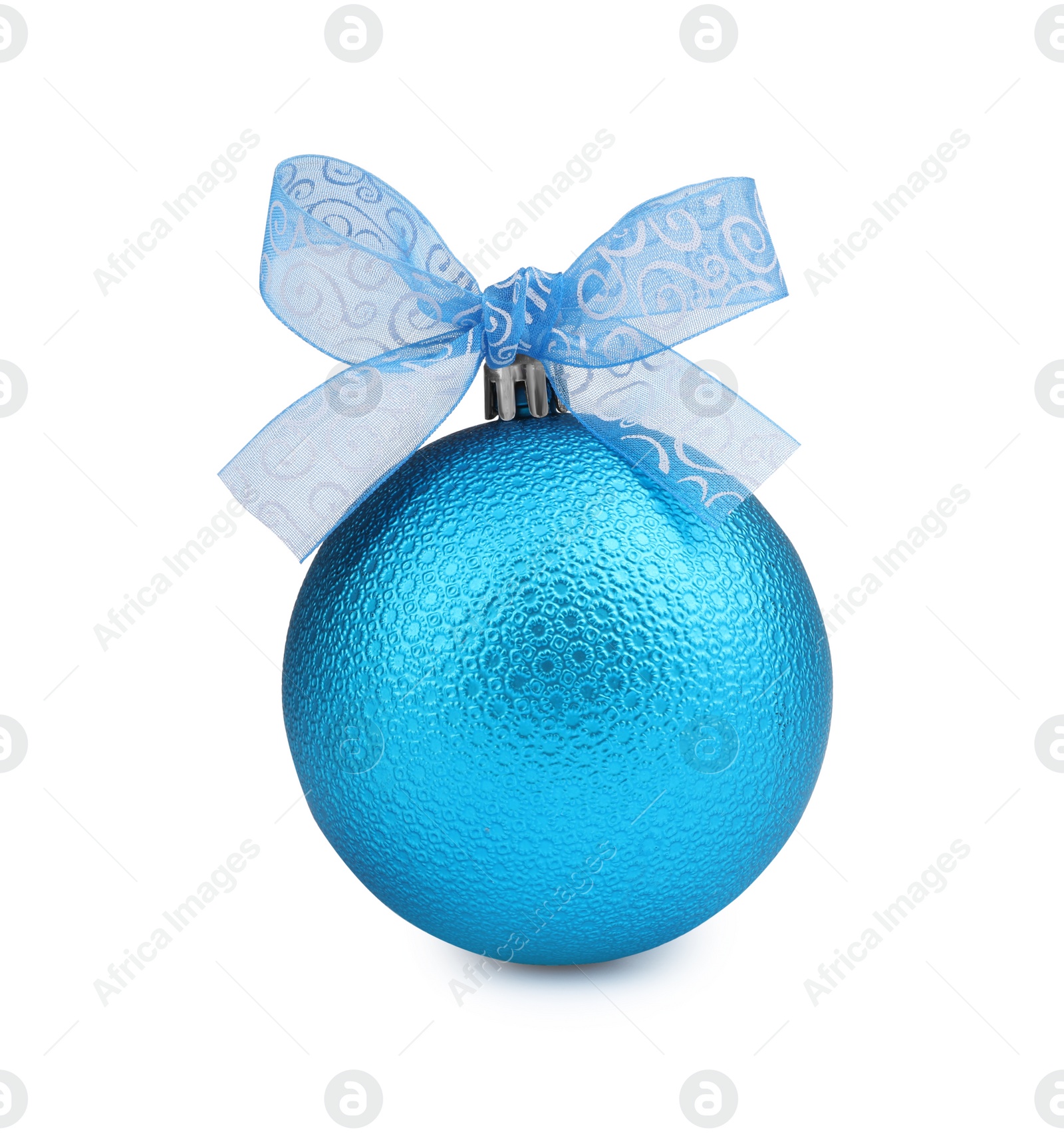 Photo of Beautiful light blue Christmas ball with bow isolated on white