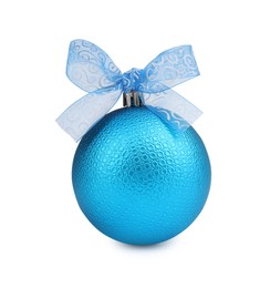 Beautiful light blue Christmas ball with bow isolated on white