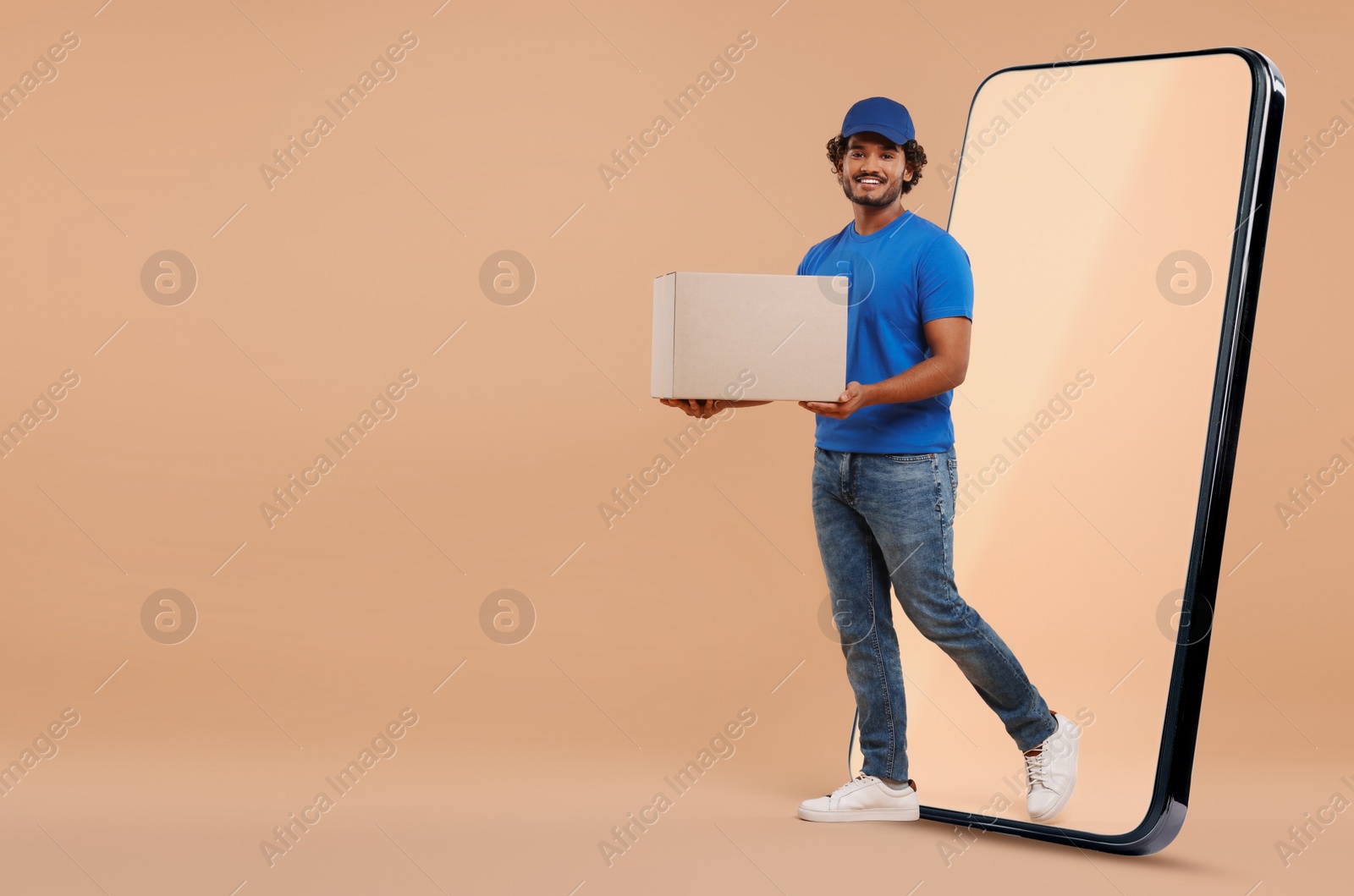 Image of Courier with parcel walking out from huge smartphone on dark beige background. Delivery service. Space for text