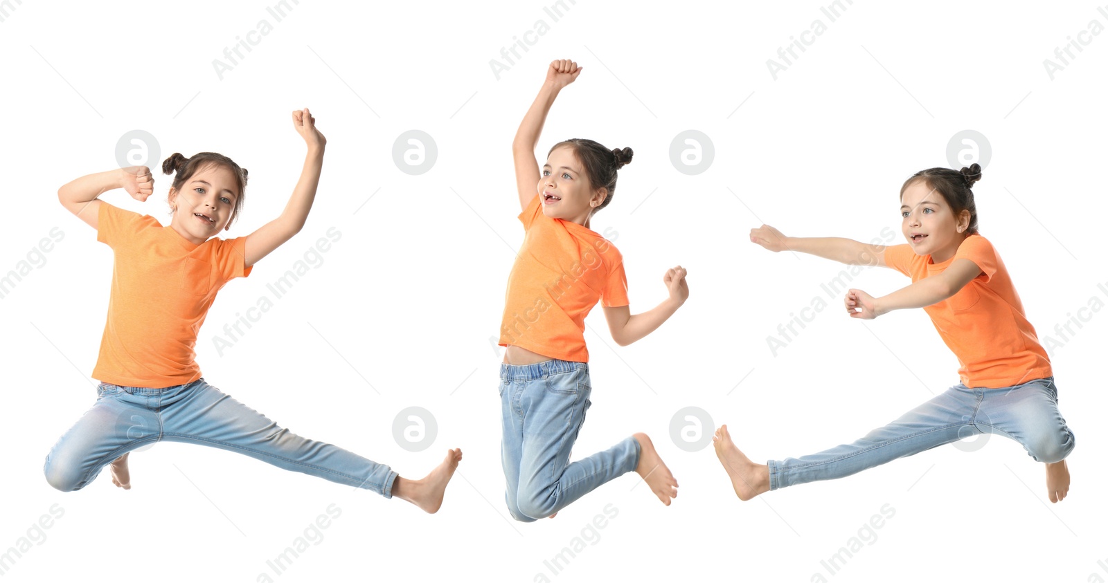 Image of Cute little girl jumping on white background, collage. Banner design