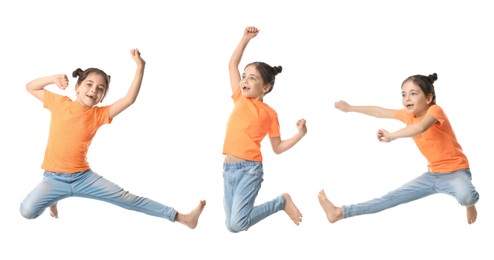 Image of Cute little girl jumping on white background, collage. Banner design