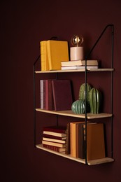 Shelves with different books, lamp and ceramic cacti on brown wall