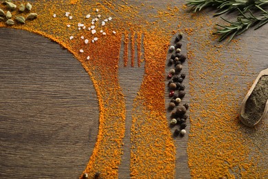Silhouettes of cutlery and plate made with spices and ingredients on wooden table, flat lay