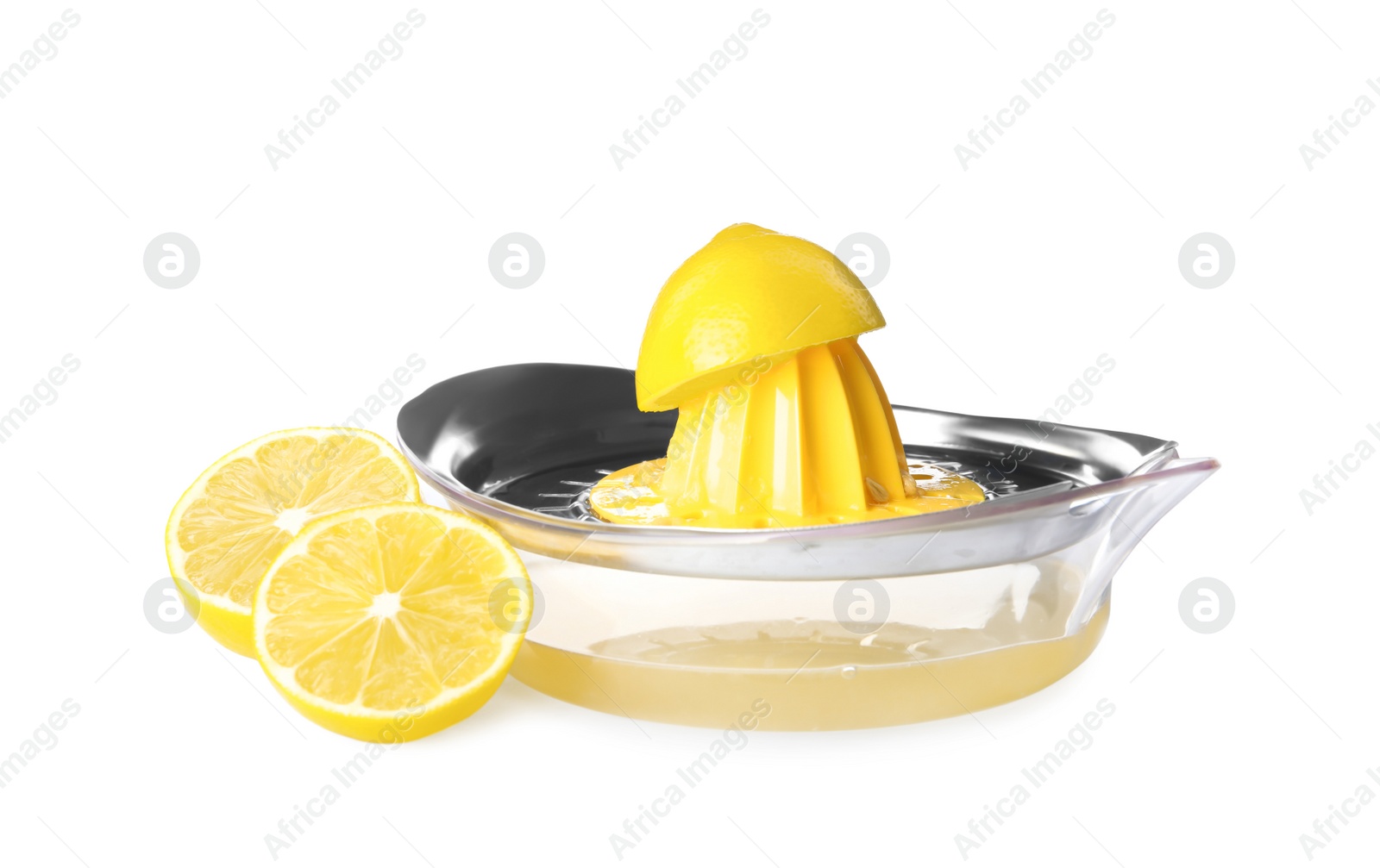 Photo of Squeezer with juice and lemons on white background