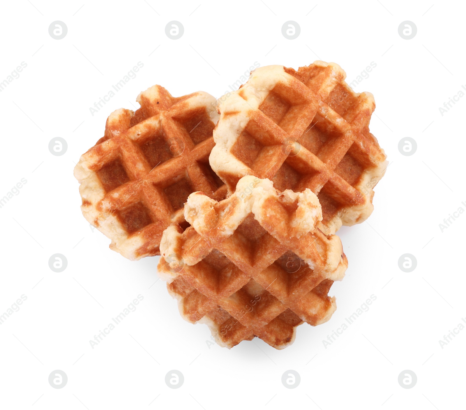 Photo of Many delicious Belgian waffles isolated on white, top view
