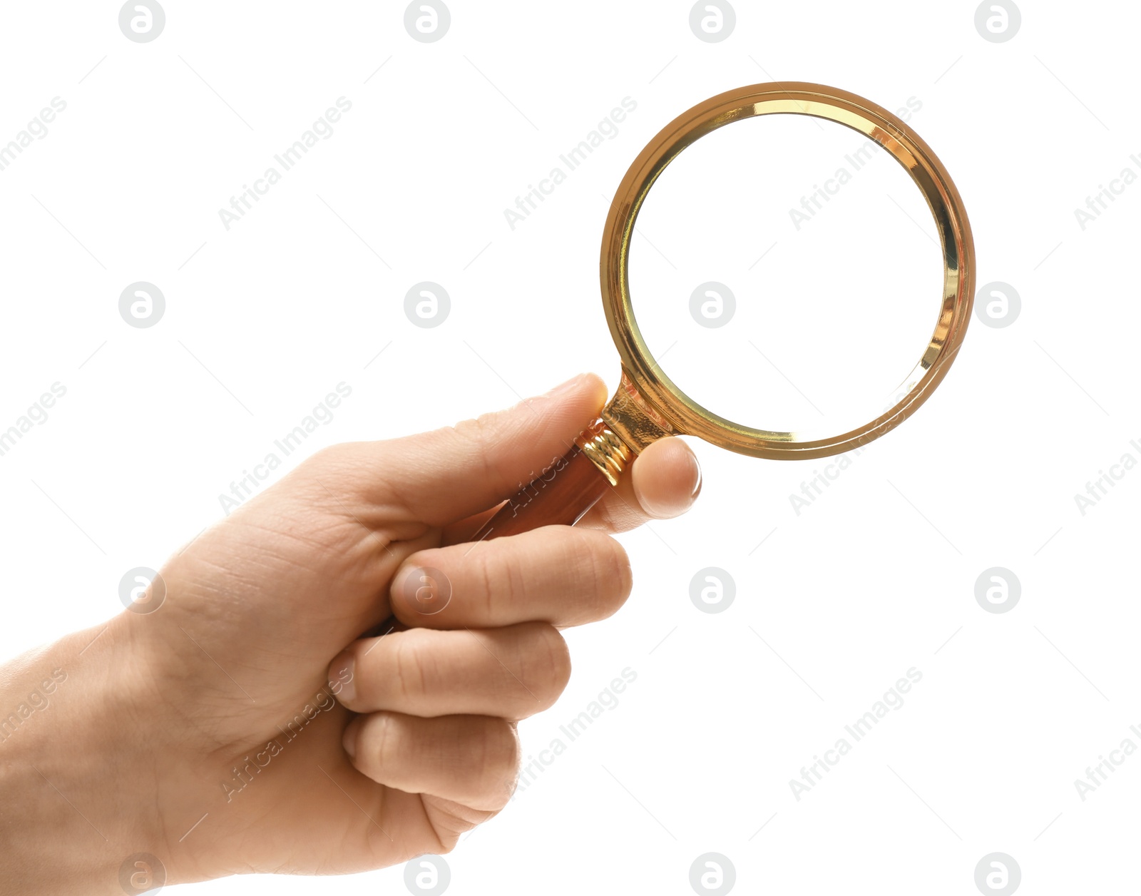 Photo of Woman holding magnifying glass on white background, closeup