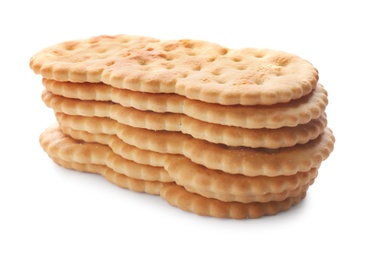 Photo of Stack of delicious crispy crackers isolated on white