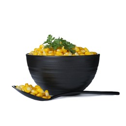 Photo of Bowl and spoon with tasty boiled corn on white background