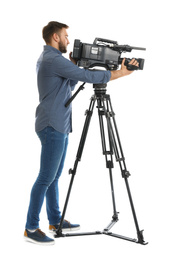 Operator with professional video camera on white background