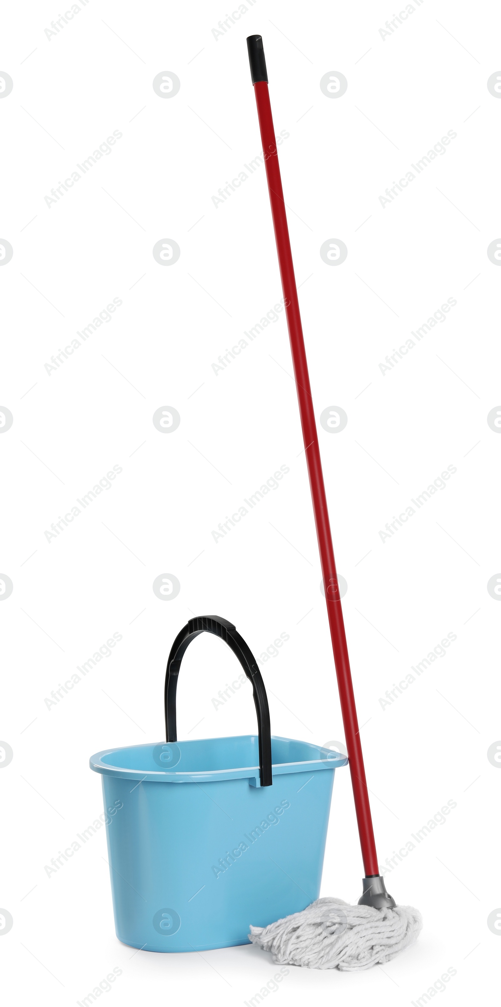 Photo of String mop and bucket isolated on white