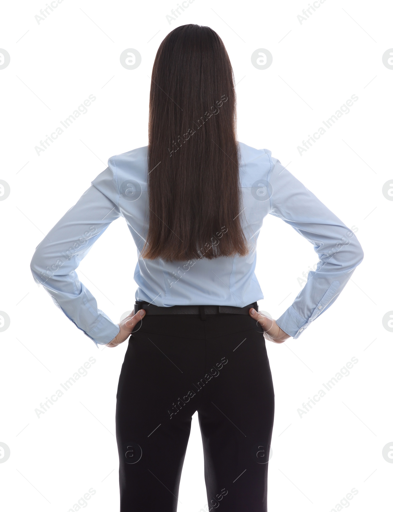 Photo of Young businesswoman in elegant suit on white background, back view