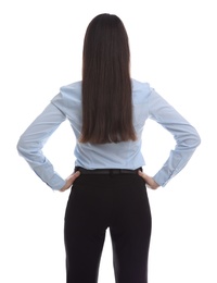 Young businesswoman in elegant suit on white background, back view