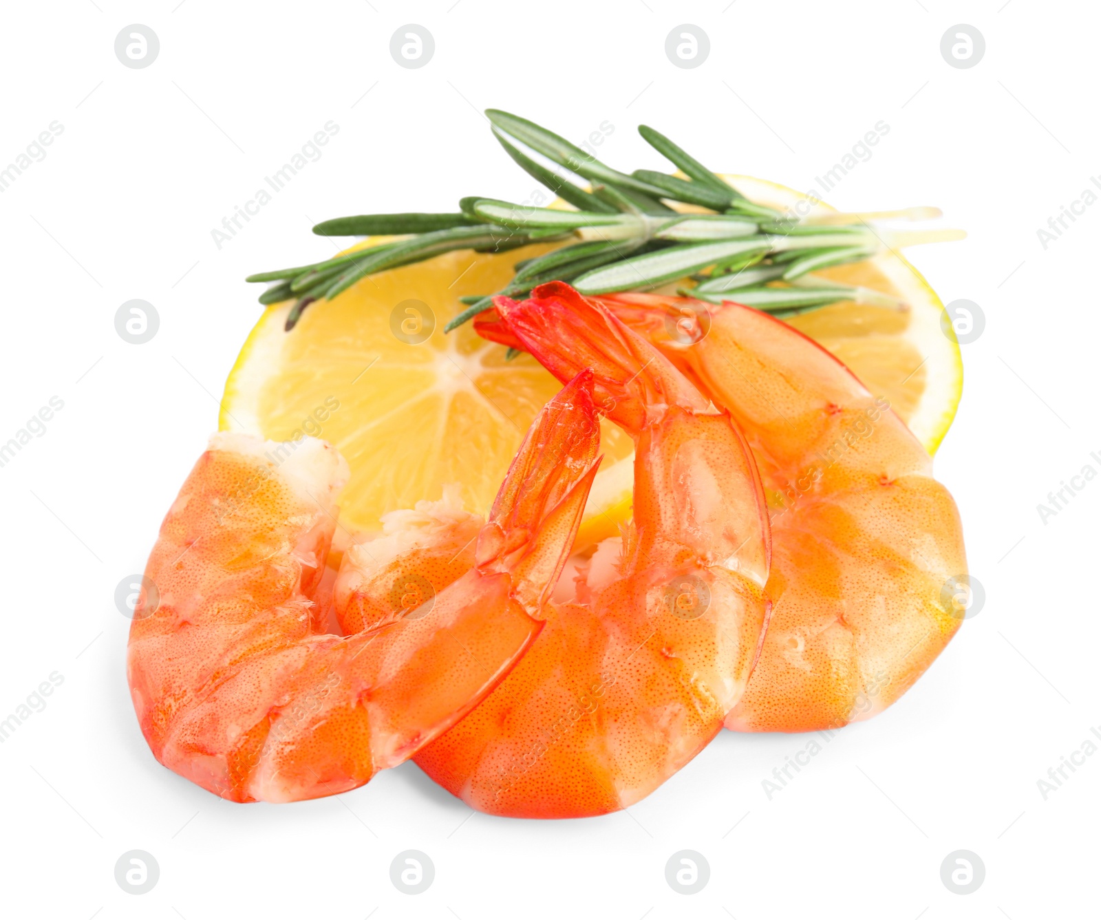 Photo of Delicious cooked shrimps, lemon and rosemary isolated on white