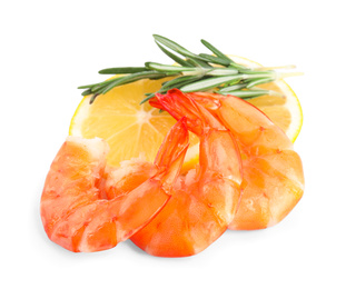 Delicious cooked shrimps, lemon and rosemary isolated on white